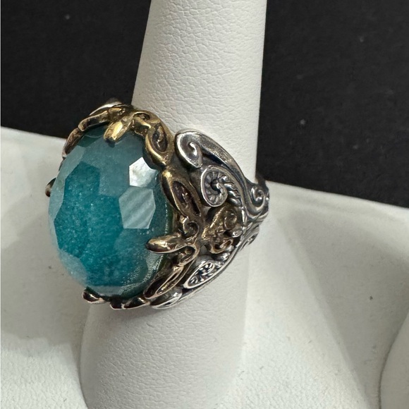 Carolyn Pollack 925 Silver/Gold Turquoise Blue Scroll Designed Gemstone Ring - Picture 10 of 11
